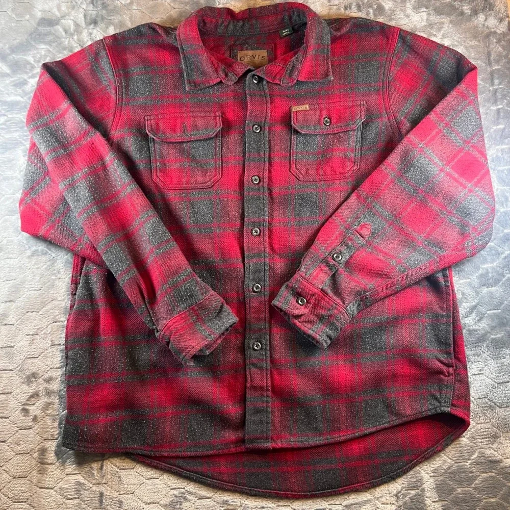 ORVIS Mens Red Plaid Flannel Shirt Jacket Button Up Long Sleeve Size XL